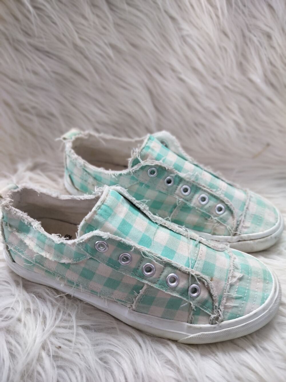 6009) Corkys Woman  Mint Gingham Babalu Slip on Sneakers Distressed Size US 7